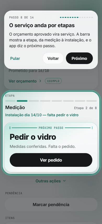 Tela do serviço com as etapas até a instalação